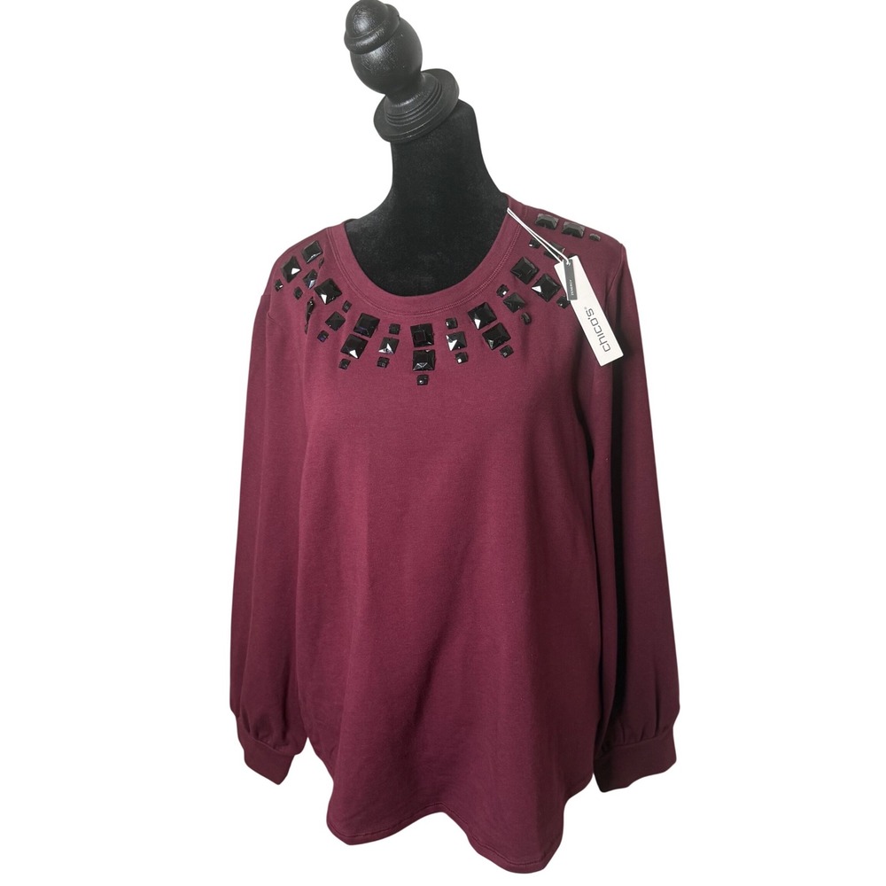 Chico's Beaded Balloon Puff Sleeve French Terry Knit Top Women's L Pullover NEW